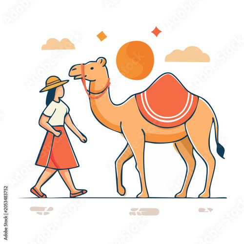 Woman walking with camel in desert