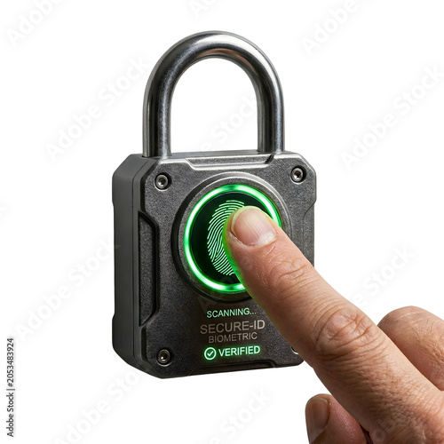 Biometric padlock with fingerprint scanning for secure access isolated on transparent background
