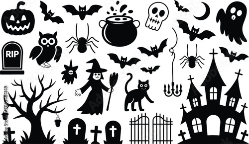 Fényképezés Black and White Autumn Horror Character Array for Festive Media Layouts, Modern Haunted House and Ghost Icon Pack, Minimalist Jack-o'-Lantern Graphics, vector, illustration, silhouette