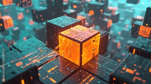 Abstract digital cubes floating in a glowing technological space
