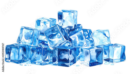 A vibrant watercolor illustration of a pile of transparent, blue ice cubes, artfully rendered with highlights and shadows