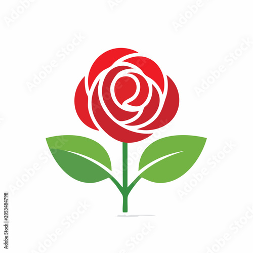 Stylized Red Rose Icon with Green Leaves
