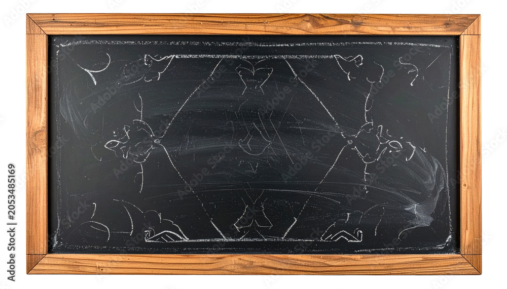 Fototapeta premium A rectangular blackboard framed in wood, displaying a chalk drawing of symmetrical floral and geometric patterns, with chalk dust