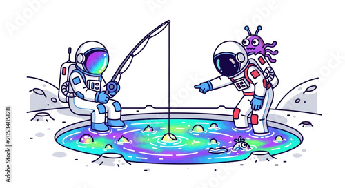 Fotografie Astronauts fishing for alien fish in a colorful cosmic pond on the moon