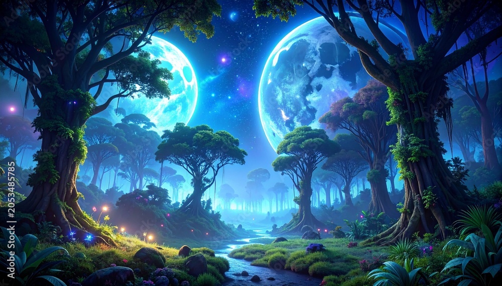 Fototapeta premium Bioluminescent forest with glowing mushrooms and trees.