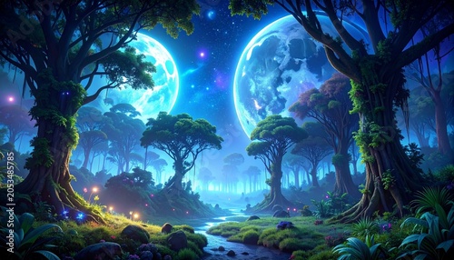 Bioluminescent forest with glowing mushrooms and trees.