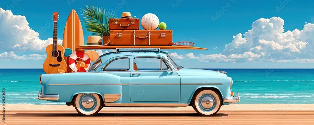 Obraz premium Light blue vintage car loaded with surfboard, suitcases and beach gear parked by the ocean