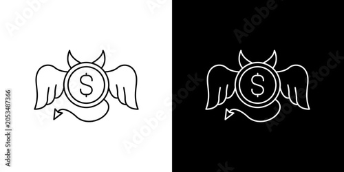 Canvastavla Vector line icon set of a devilish dollar coin with wings and horns representing