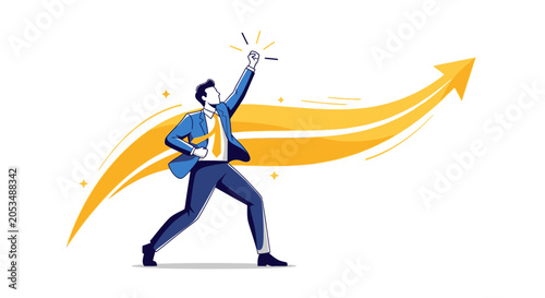 Bild auf Leinwand Businessman celebrating success with upward arrow graphic, concept of growth and