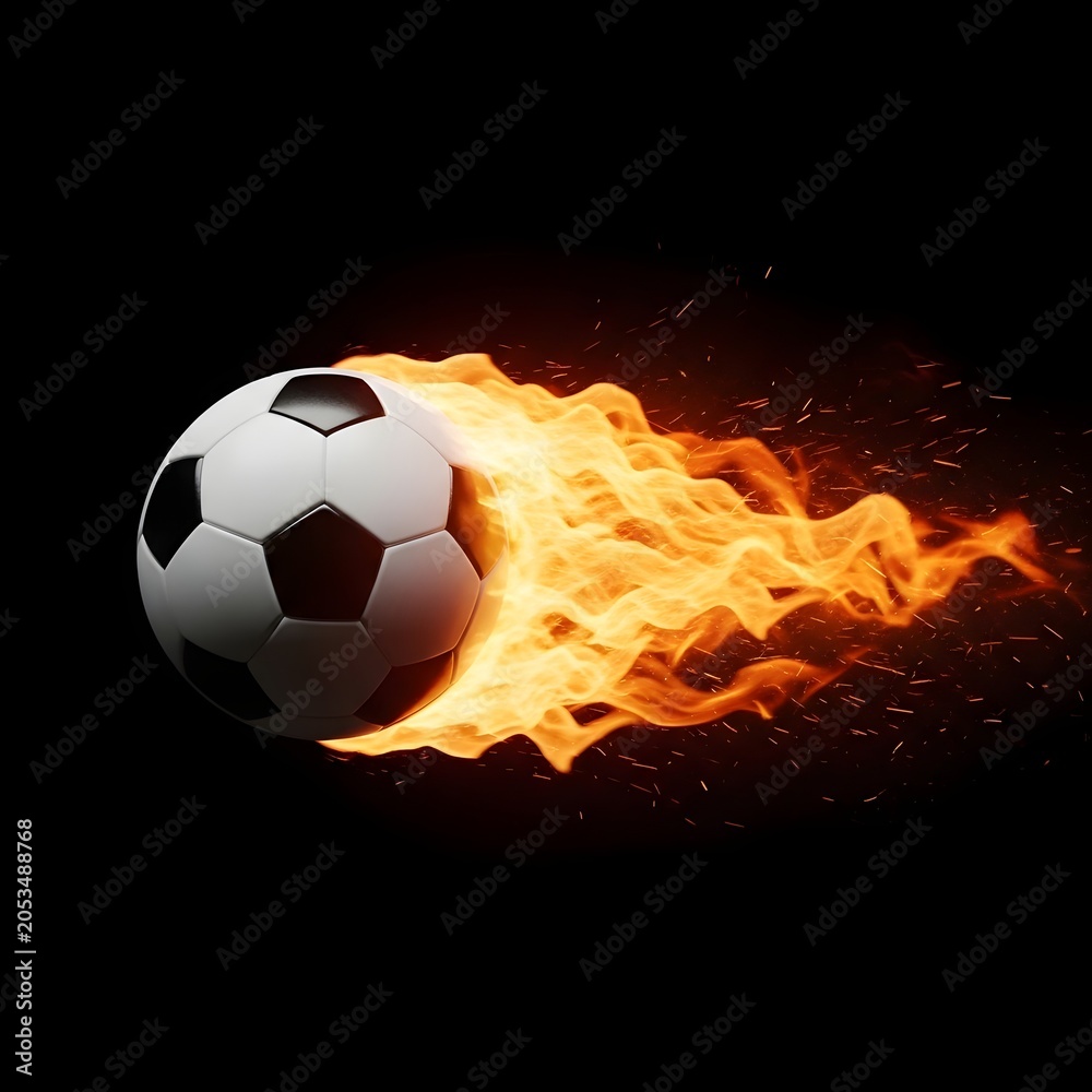 Fototapeta premium Soccer ball on fire with flames and sparks trailing behind it against a dark background perfect for sports and energy concepts