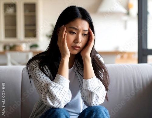 Portrait of a woman with dark hair, looking dejected, holding her head, seated on a sofa. Background includes a light-filled living area