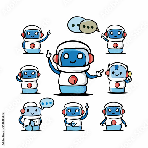 Cute AI Chatbot Character Set with Various Poses and Customer Support Actions Vector Illustration