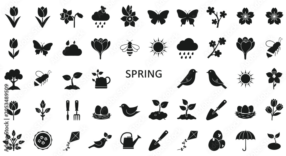 Obraz premium Spring themed floral ornament and garden tool silhouettes black on white