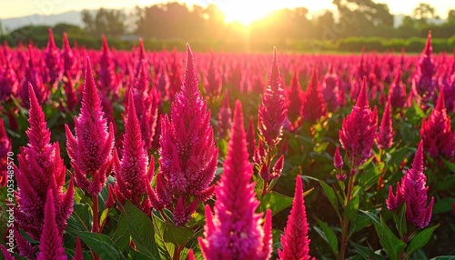 A vibrant field of crimson, cone-shaped flowers basks in the warm glow of a setting sun. The verdant foliage creates a lush, picturesque landscape