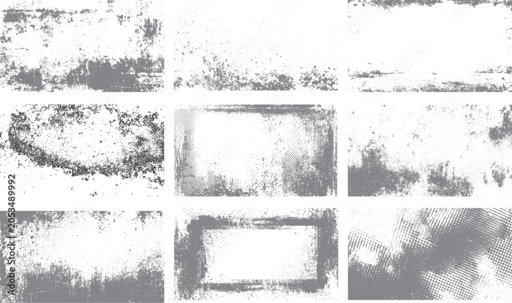 Fototapeta premium Distressed grunge overlay textures with black grain effects Vintage dirty texture set with scratches and worn details