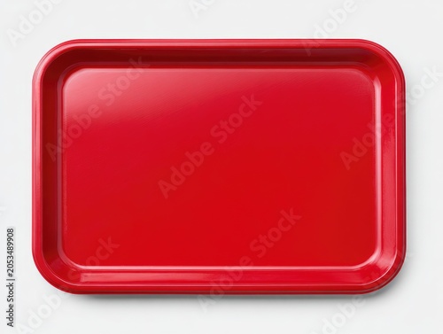 A vibrant, glossy, rectangular red tray sits isolated on a bright white surface. The smooth, reflective surface suggests plastic or enamel