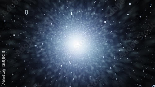 Futuristic binary numbers travel through dotted wormhole loop animation background.