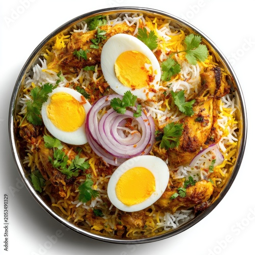 A vibrant Indian dish features seasoned rice with chicken pieces, hard-boiled eggs, sliced red onions, and fresh cilantro, served in a metallic bowl