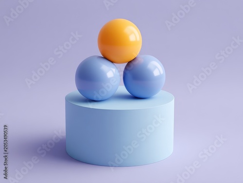 A vibrant, minimalist composition features three glossy spheres atop a blue cylinder, set against a soft purple backdrop. 3D-rendered
