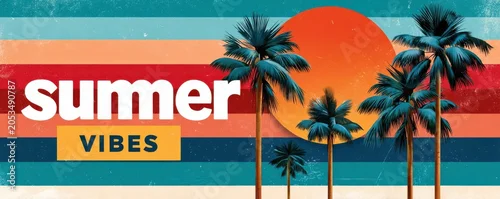 Panel kuchenny z motywem Summer vibes vintage tropical sunset poster with palm trees and retro stripes