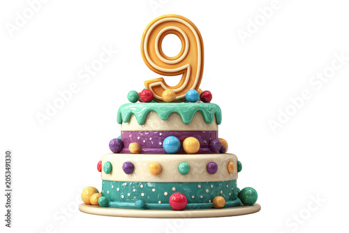 Celebrating a ninth birthday with a colorful cake isolated on transparent background. Colorful layered birthday cake with number nine candle topper isolated on white background.