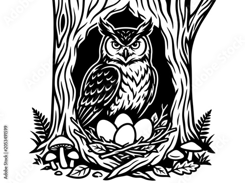 Obraz na plátne Owl silhouette guarding eggs in tree nest