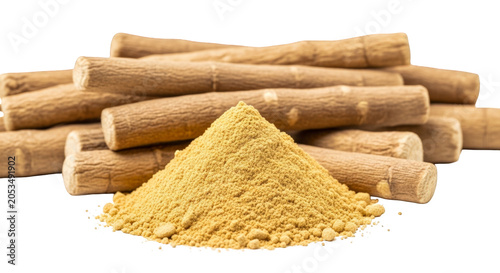 Cinnamon powder and sticks, isolated on white background