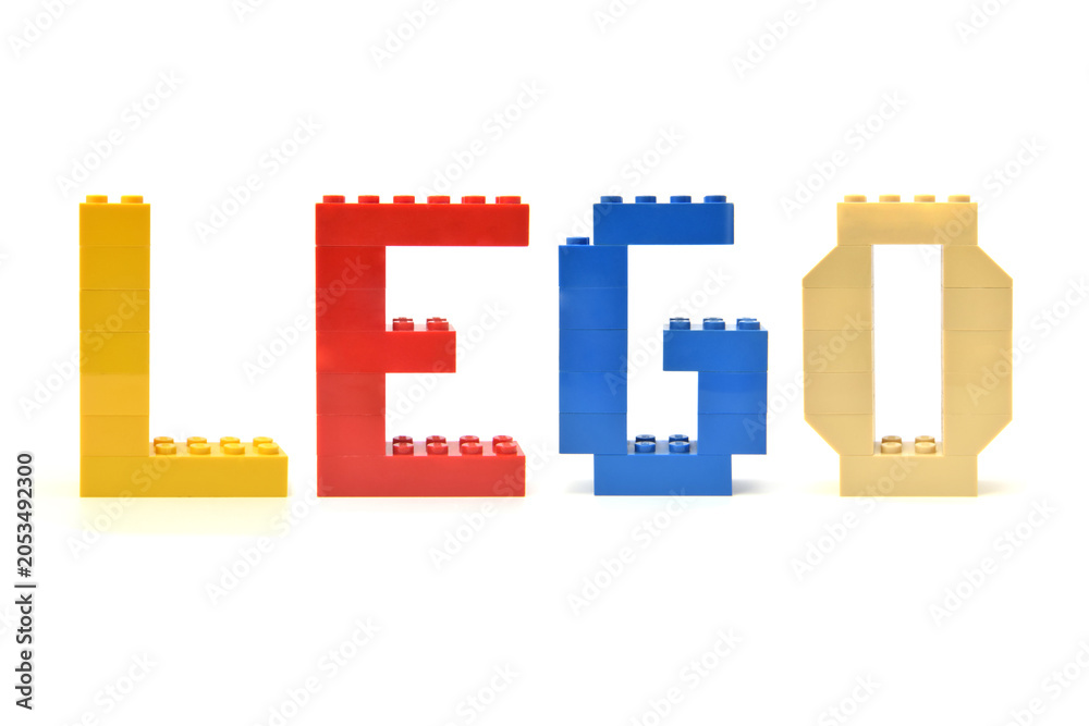 Obraz premium Word lego is made from colorful letters are made from bricks. Editorial illustrative image of popular plastic toy constructor.