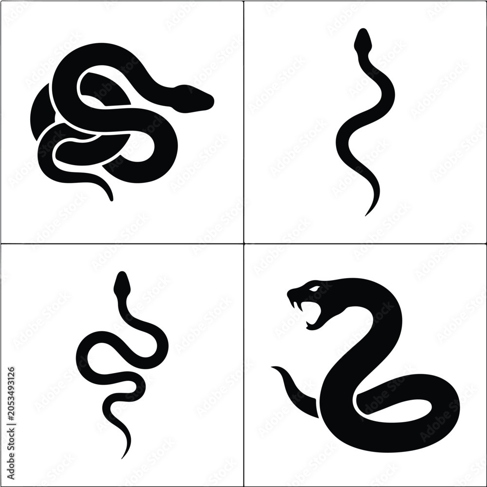 Fototapeta premium Set of black snake silhouettes