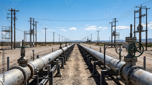 Two parallel industrial steel pipelines with control valves stretching into the distance.