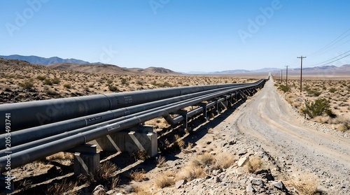 Industrial overland conveyor belt system with steel structure and rollers for bulk material transport.