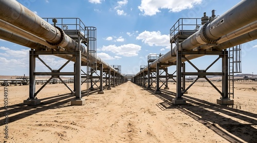 Industrial elevated steel pipelines supported by heavy metal frames for energy transport.