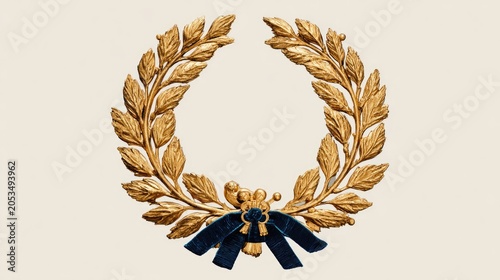 Ornate golden laurel wreath with a dark blue ribbon tied at the bottom