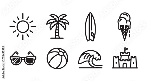 Summer Beach Icons: Sun Palm Tree Surfboard Ice Cream Sunglasses Ball Wave Castle | Minimalist Line Art