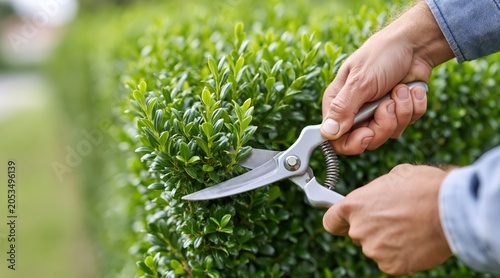 Hands trimming green hedge with metal garden shears