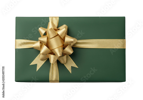 Green gift box with gold ribbon isolated on transparent background