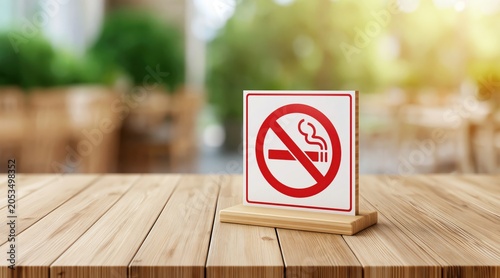 No smoking sign on wooden table with blurred cafe background