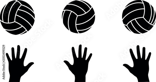 Minimalist black and white line art of hands holding volleyballs in a clean vector icon style.