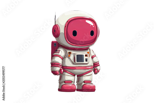 Adorable astronaut in pink and white spacesuit isolated on transparent background. Pink robot astronaut toy figurine in space suit isolated on white background.