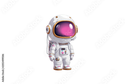 The cosmic astronaut isolated on transparent background. 3D astronaut figurine in white space suit with pink visor isolated on white background.