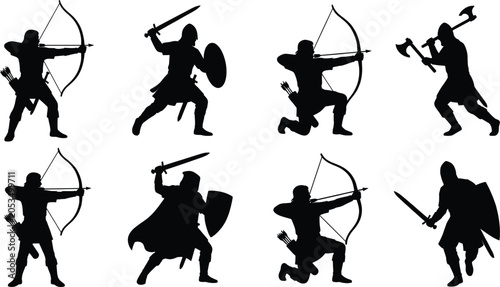Foto Medieval warriors and archers silhouette icon set, cad drawing flat vector illus