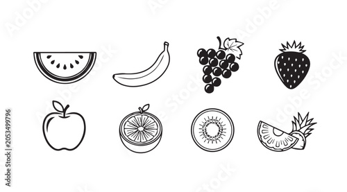 Assorted Fresh Fruit Icons with Detailed Outlines Isolated on White Clean Vector Style