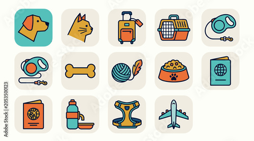 Travel-themed pet icons for pet-friendly travel and animal lovers, featuring pets, accessories, and travel essentials