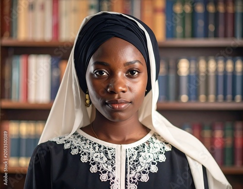Portrait of a woman with dark skin wearing a black head covering and white shawl. The background has a bookshelf