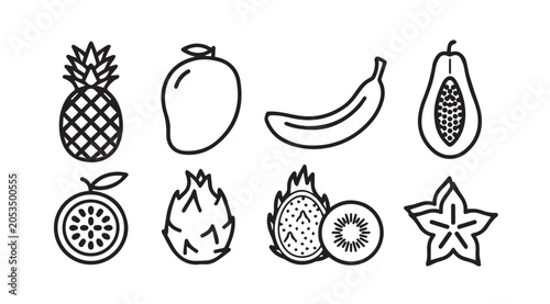 Assorted Tropical Fruits Line Art IconsExotic Produce Collection