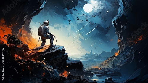 Astronaut exploring outer space. Cosmonaut in spacesuit performing extravehicular activity or spacewalk against stars and planets in background.