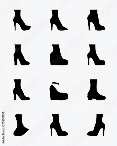 Set of black silhouette icons of different styles of modern women high heel ankle boots and fashion shoes