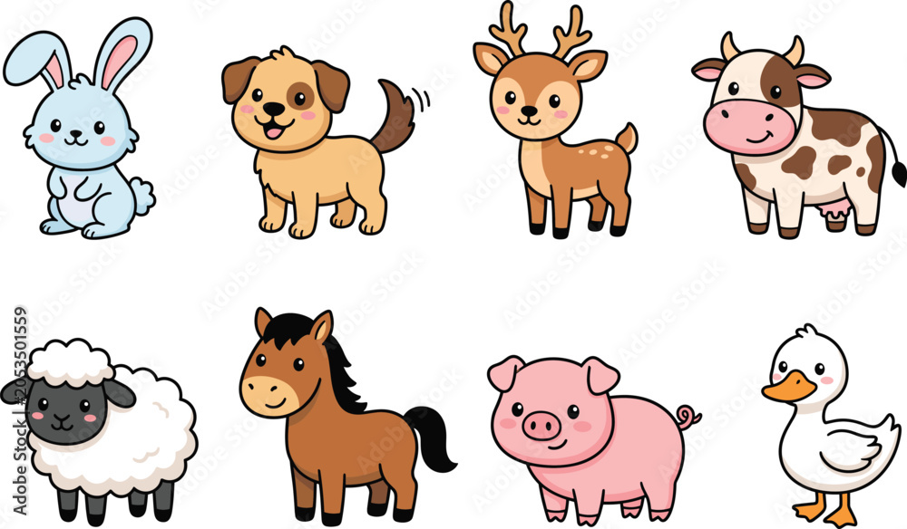 Fototapeta premium Cute cartoon farm animals set with puppy, bunny, deer, cow, sheep, horse, pig, and duck, cad drawing flat vector illustration
