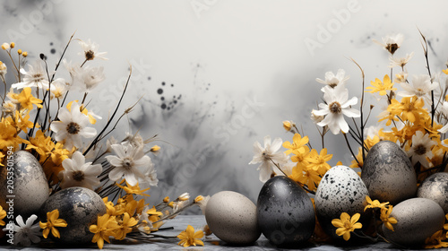 Happy Easter watercolor white and black card, banner, border