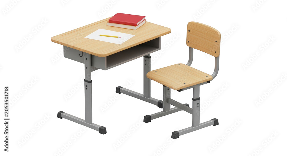 Fototapeta premium School desk and chair with book and paper for education and learning, classroom furniture